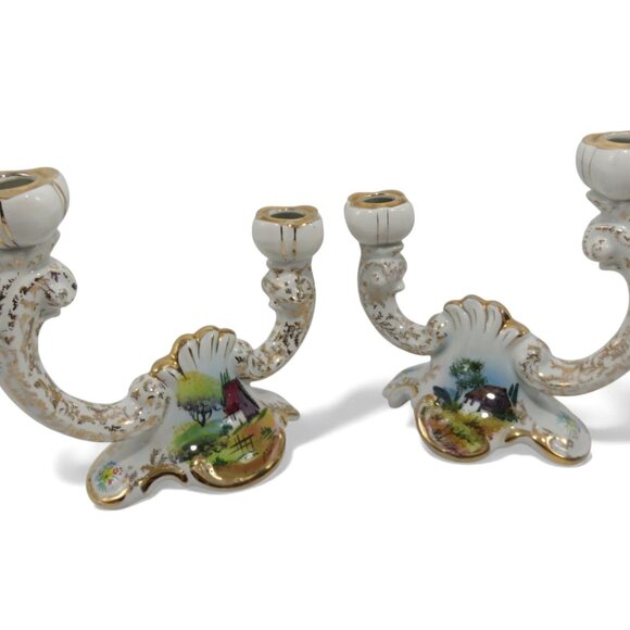 ALCOBACA Twin Arm Candle Holders PORTUGAL Set Country Scene Vintage 7.5" - Picture 5 of 11